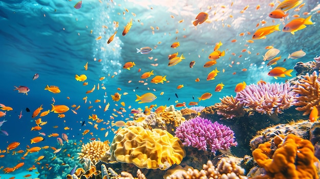 Underwater view of a coral reef with many colorful fish