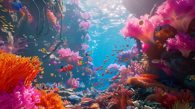 Underwater view of a coral reef with many colorful fish