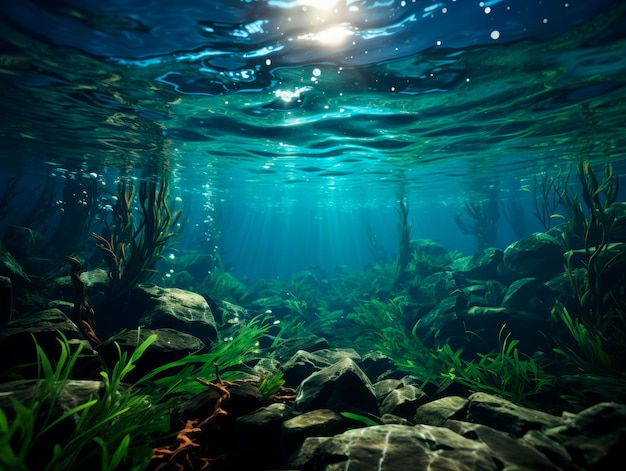 Underwater view of coral reef with seaweed and sunrays Generative AI