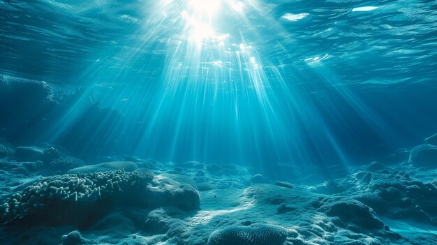 Photo underwater view of coral reef with sunbeams underwater landscape