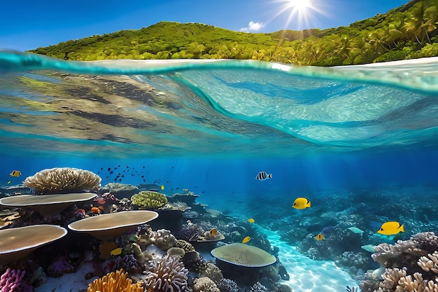 Underwater view of a coral reef with various marine animals and plants