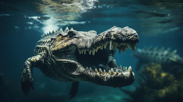 Underwater view of crocodile swimming below water's surface Generative AI