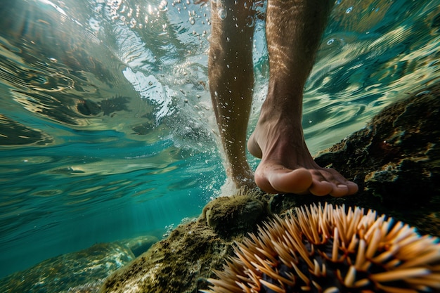 Photo underwater view of feet above a sea urchin with sunlight above