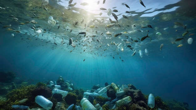 Foto vista sottomarina piena di rifiuti di plastica inquinamento plastico nell'oceano