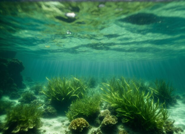 Underwater view of a group of seabed with green seagrass high quality photo