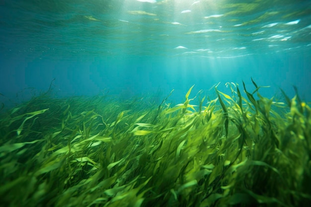 緑の海草が生えている海底の群れの水中景色