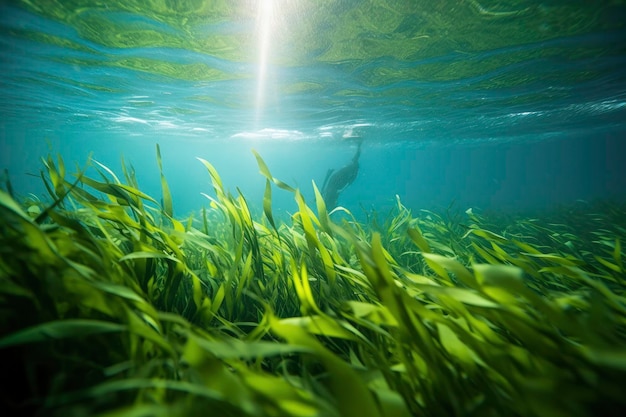 緑の海草が生えている海底の群れの水中景色