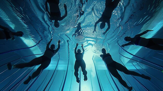 Foto vista sottomarina di un gruppo di nuotatori sincronizzati che si esibiscono in una piscina