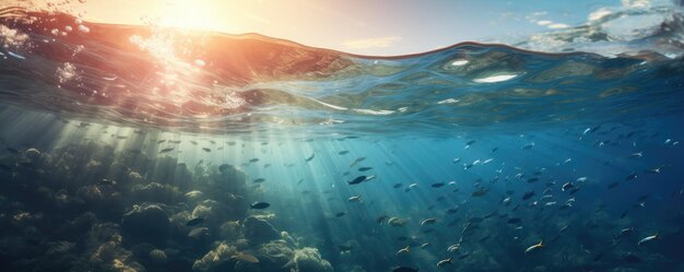 Photo underwater view of many plastic pollution in ocean water with swimming turles panorama generative ai