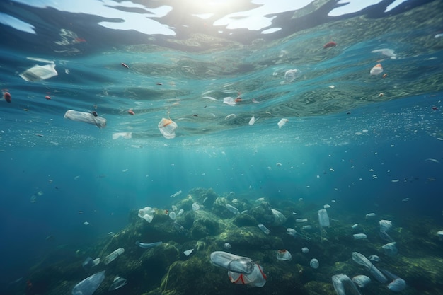 海の表面に浮かぶプラスチックゴミの水中景色 環境汚染の概念 3Dレンダリング AI生成