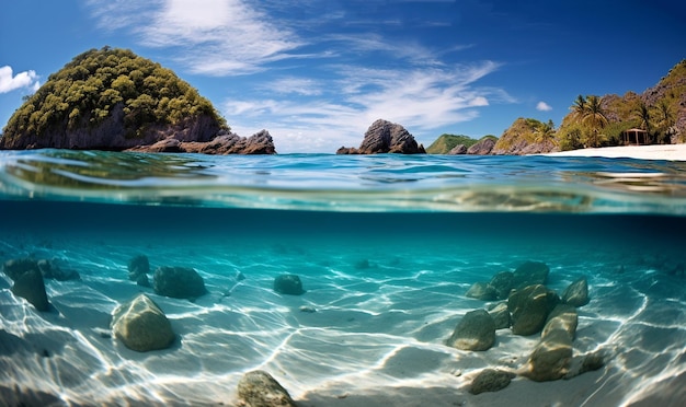 Подводный вид на скалы и океан со скалами в воде.