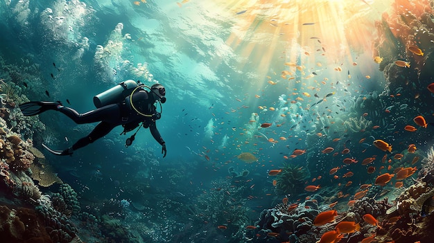 Underwater view of a scuba diver exploring a coral reef The diver is surrounded by colorful fish and coral The water is clear and blue