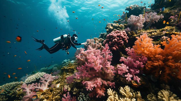 Photo underwater view of a scuba diver exploring a coral reef the diver is surrounded by colorful fish and coral