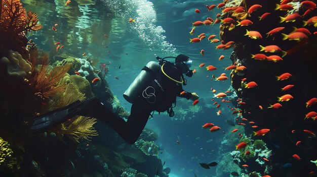 Photo underwater view of a scuba diver exploring a coral reef the diver is surrounded by colorful fish and coral