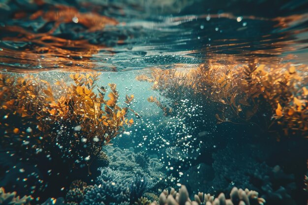 Underwater view of seaweed and corals in the ocean