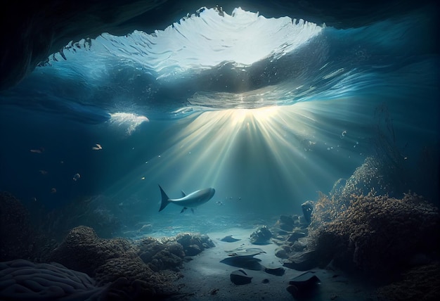 An underwater view of a shark swimming under water.