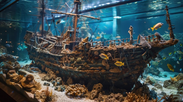 Underwater view of a shipwreck surrounded by tropical fish