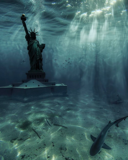 The underwater view of the Statue of Liberty submerged in deep blue water