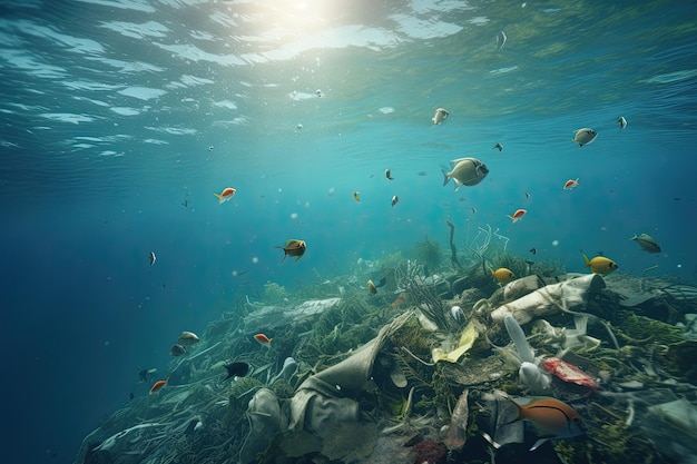 Underwater view of a tropical coral reef with fish and garbage Underwater view of a pile of garbage in the ocean 3d rendering AI Generated