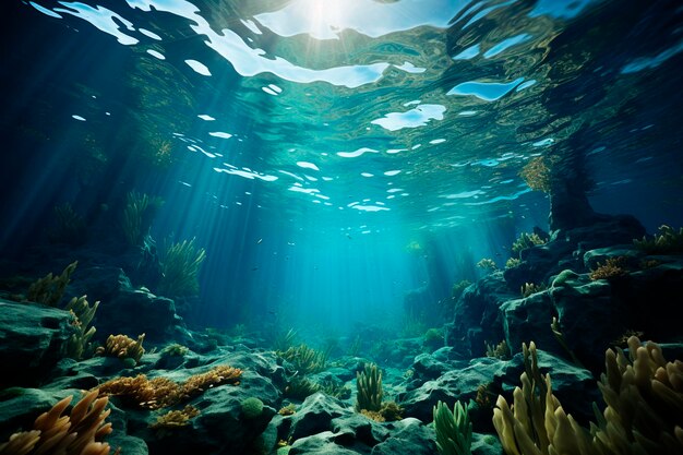 Underwater view of tropical coral reef with sun rays and lens flaregenerative ai