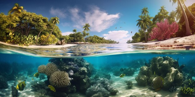Подводный вид на тропический остров с коралловым рифом и песчаным пляжем, созданный искусственным интеллектом