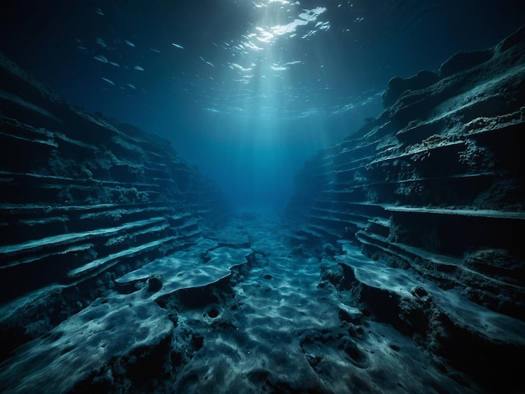 Photo a underwater view of a underwater cave with a blue ocean with a light shining on the surface