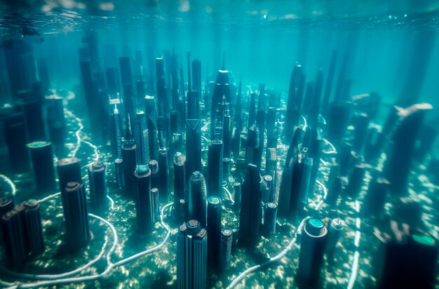 수중 세계의 수중 전망 메가폴리스는 물 속에 있습니다. Generative AI