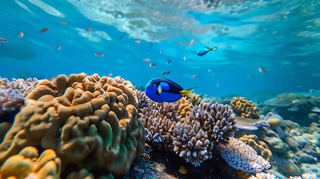 Underwater view of a vibrant coral reef with a blue tang fish swimming near branching staghorn corals