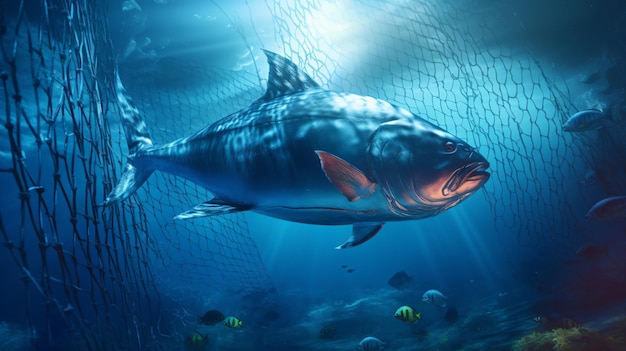 Underwater view with big tuna fish and fishing net