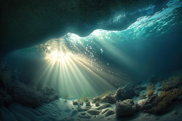 Underwater view with sunlight sunbeam and fishes background cinematic