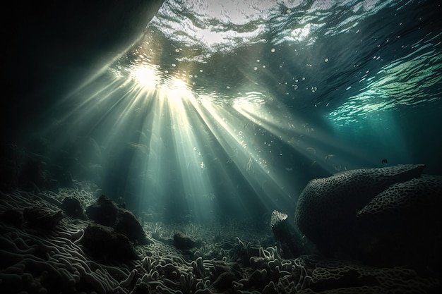 Underwater view with sunlight sunbeam and fishes background cinematic