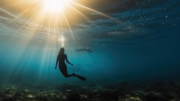 Underwater view of a woman scuba diving in the ocean Generative AI