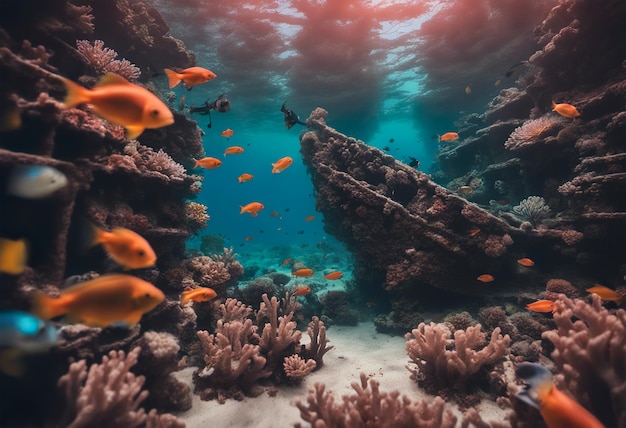 Underwater view of the wreck of an old ship