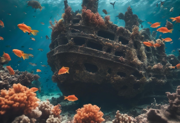 Underwater view of the wreck of an old ship