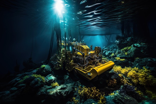 真っ青な海に浮かぶ黄色い掘削機の水中風景 AI が生成した水中環境と鉱山のユニークな特徴を備えた、太平洋の中心での海底採掘作業