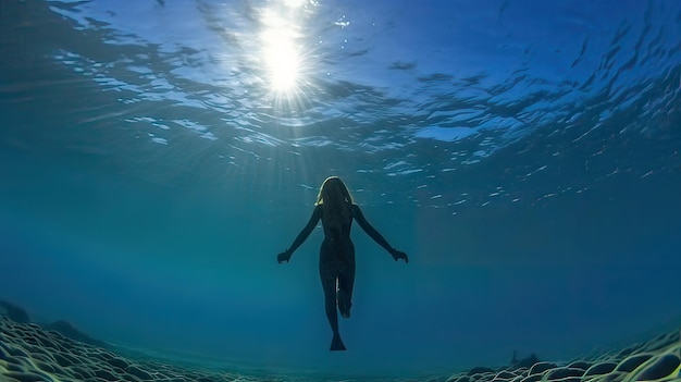 햇빛을 받으며 바다에서 수영하는 젊은 여성의 수중 모습 Generative AI