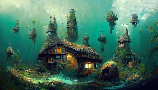 Underwater village concept art illustration