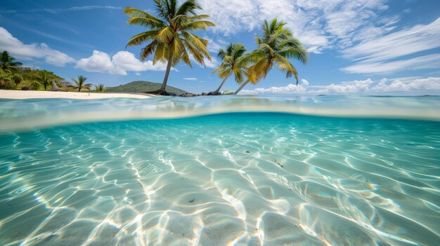 Underwater and above water view of a tropical beach with palm trees and clear turquoise water