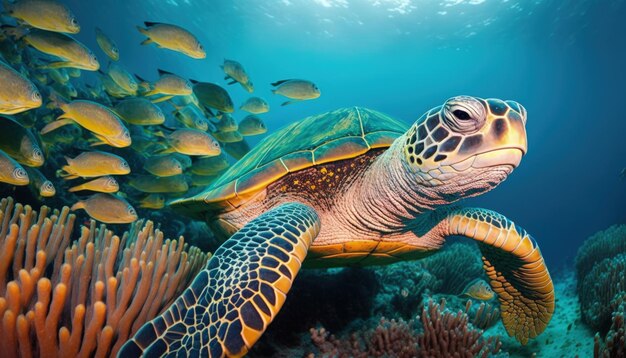 Подводная дикая черепаха плавает в океане на фоне стаи рыб