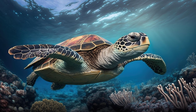 Underwater wild turtle swimming in the ocean against the background of a flock of fish