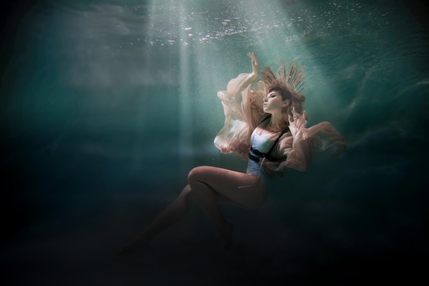 Underwater woman portrait at night