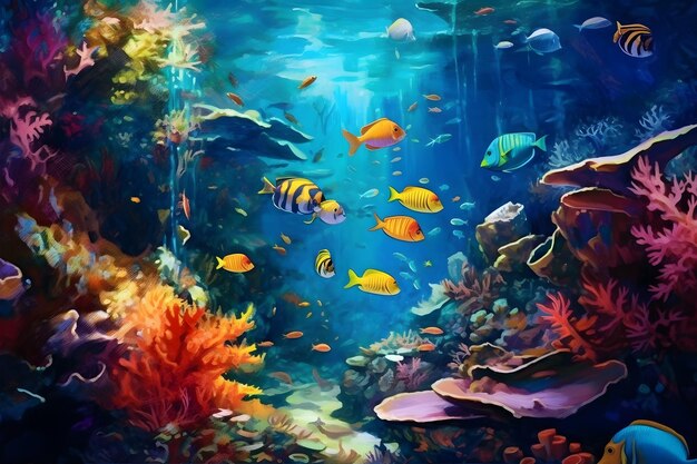 Underwater Wonders Colorful tropical fish swimming in a coral reef Generative ai