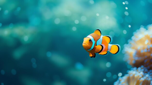 Photo underwater world a bright orange clownfish swims in the deep blue sea