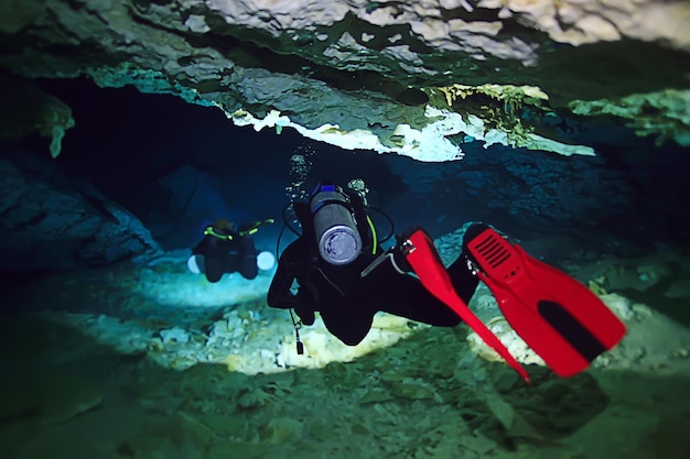 underwater world cave of yucatan cenote, dark landscape of stalactites underground, diver