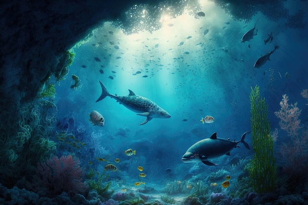 Подводный мир на глубине океана Подводные ущелья и туннели Множество организмов. ИИ