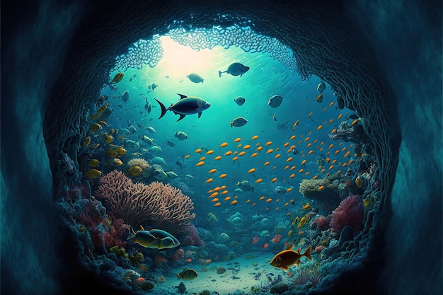 Underwater world at the depth of the ocean Underwater gorges and tunnel Lots organisms. AI