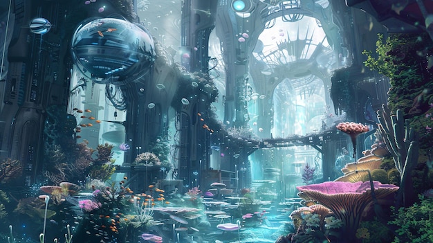 Underwater World Fantasy Seascape with Futuristic Architecture