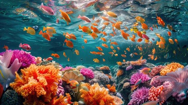 Underwater world filled with colorful fish and corals at the vibrant coral reef