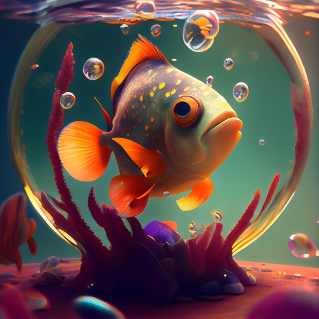 Underwater world Fish in the aquarium 3D illustration