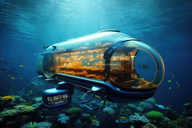 Photo underwater world futuristic underwater world 3d rendering the submarine of the future will be underwater next to coral reefs and fish 6k ultra hd ai generated